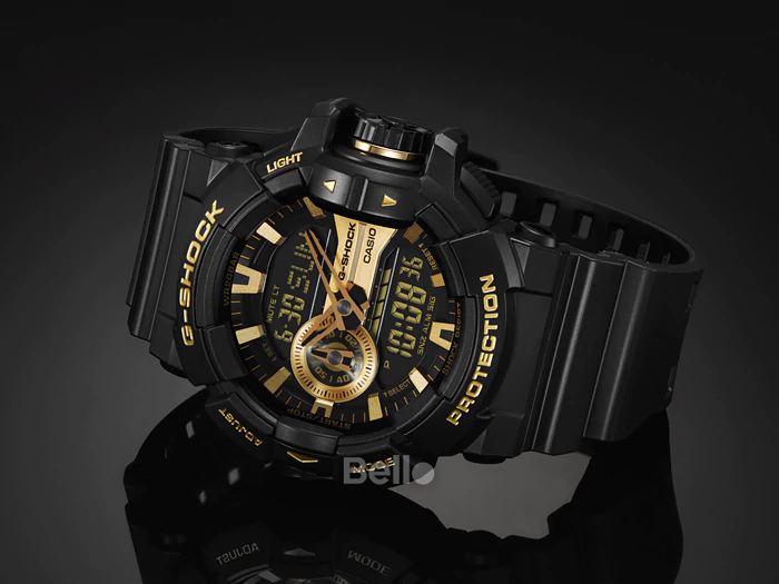 GA-400GB-1A9 - Đồng hồ Casio G-Shock chính hãng - Dây đen mờ, mặt vàng mờ, khóa nhựa, núm điều chỉnh chức năng.