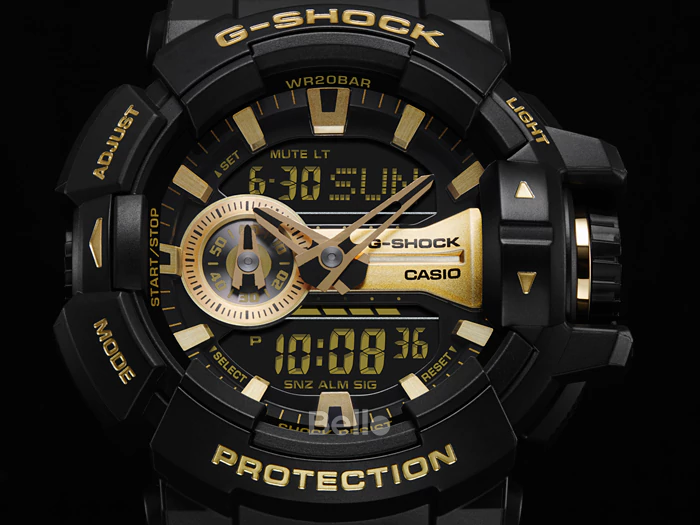 GA-400GB-1A9 - Đồng hồ Casio G-Shock chính hãng - Dây đen mờ, mặt vàng mờ, khóa nhựa, núm điều chỉnh chức năng.