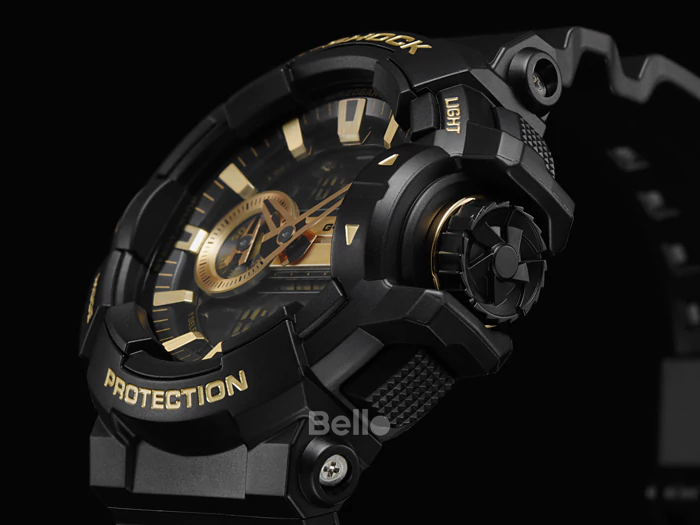 GA-400GB-1A9 - Đồng hồ Casio G-Shock chính hãng - Dây đen mờ, mặt vàng mờ, khóa nhựa, núm điều chỉnh chức năng.