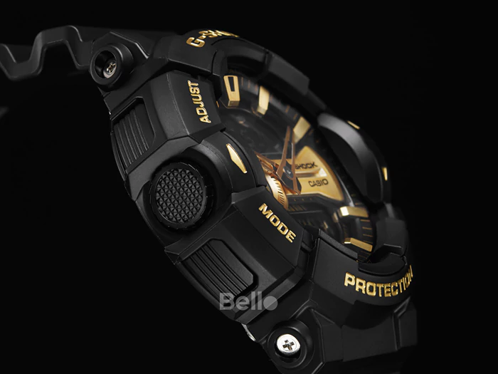 GA-400GB-1A9 - Đồng hồ Casio G-Shock chính hãng - Dây đen mờ, mặt vàng mờ, khóa nhựa, núm điều chỉnh chức năng.