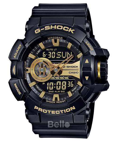 GA-400GB-1A9 - Đồng hồ Casio G-Shock chính hãng - Dây đen mờ, mặt vàng mờ, khóa nhựa, núm điều chỉnh chức năng.