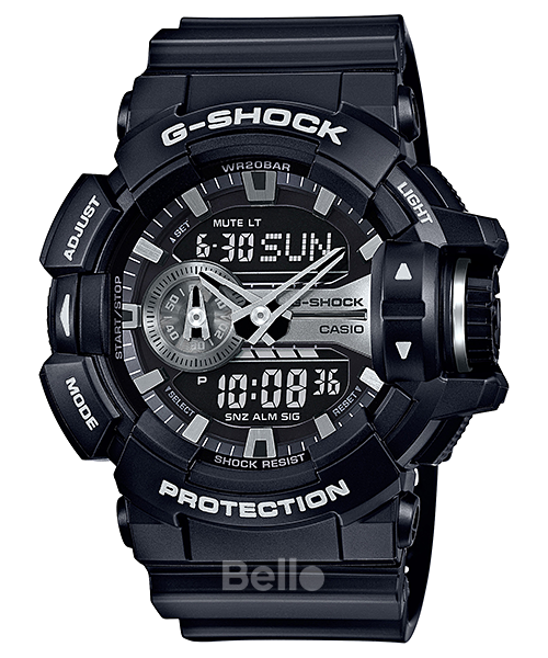 GA-400GB-1A - Đồng hồ Casio G-Shock chính hãng - Dây đen mờ, mặt bạc mờ, khóa nhựa, núm điều chỉnh chức năng.