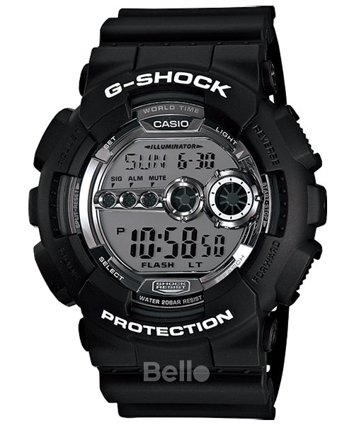 GD-100BW-1- Đồng hồ Casio G-Shock chính hãng - Dây và vỏ đen nhám, màn hình bằng kim loại sáng bóng, đèn led cực tím.
