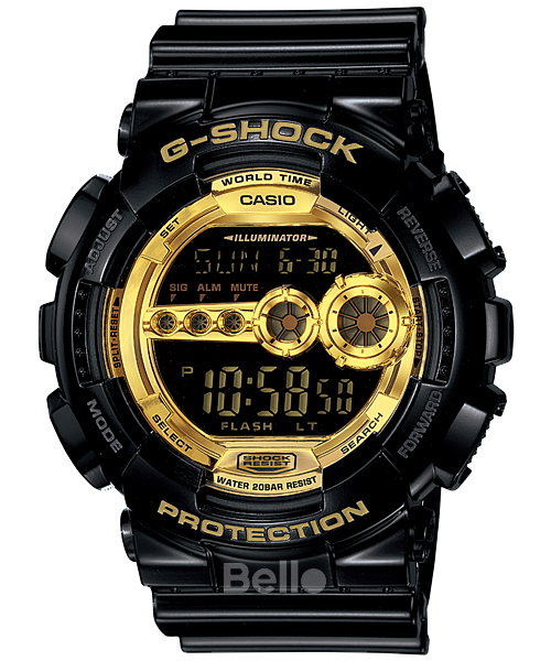 GD-100GB-1- Đồng hồ Casio G-Shock chính hãng - Dây và vỏ đen bóng, mặt vàng gold sang trọng.