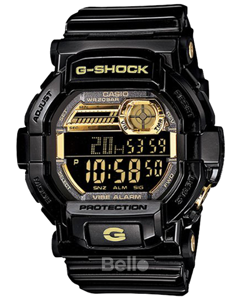 GD-350BR-1- Đồng hồ Casio G-Shock chính hãng - Dây đen bóng viền vàng, rung và nhấp nháy đèn khi có âm báo.