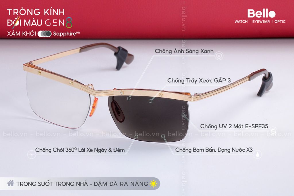  Tròng Kính Đổi Màu Chống Vỡ Essilor Transitions Gen 8 Xám Khói Grey 