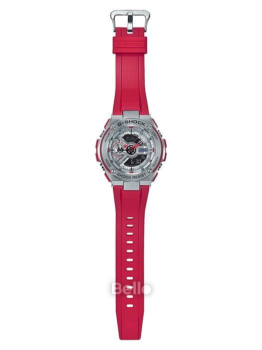 GST-410-4A - Đồng hồ Casio G-Shock chính hãng - Mặt bạc và dây màu đỏ đun nhám.