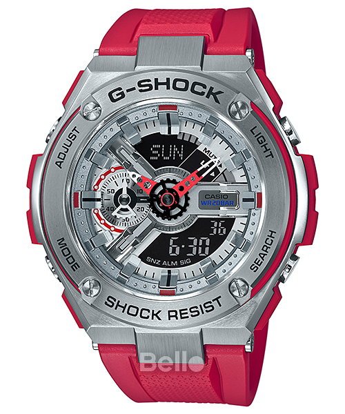 GST-410-4A - Đồng hồ Casio G-Shock chính hãng - Mặt bạc và dây màu đỏ đun nhám.