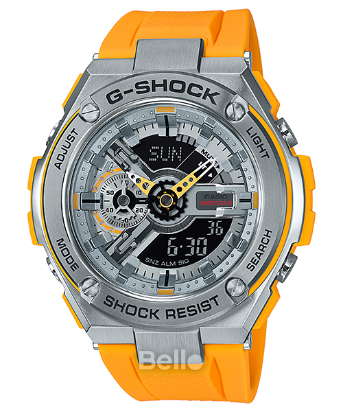 GST-410-9A - Đồng hồ Casio G-Shock chính hãng - Mặt bạc,kim vàng.Dây màu vàng nhám.