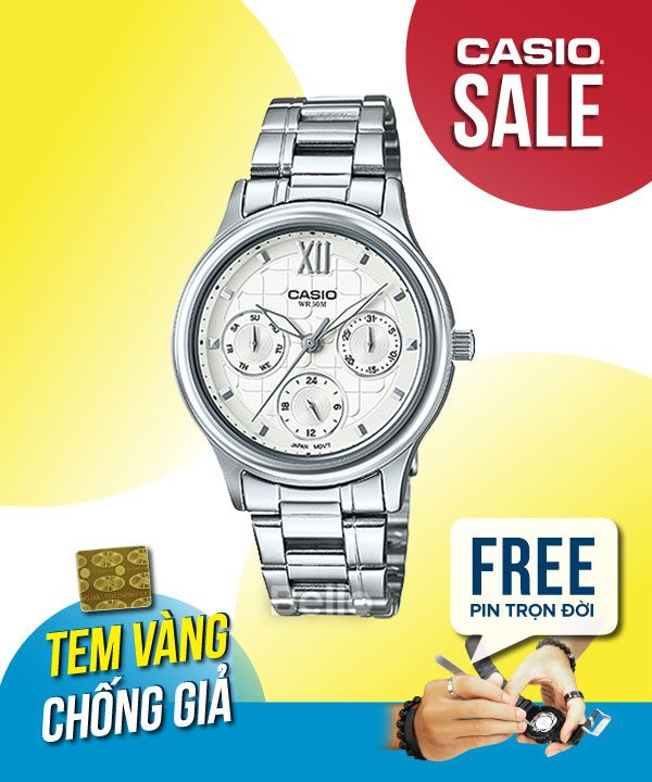 Đồng hồ Casio Nữ LTP-E306D-7A chính hãng, giá rẻ, Thay Pin Trọn Đời