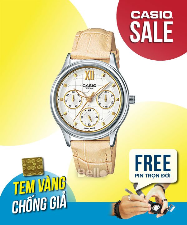 Đồng hồ Casio Nữ LTP-E306L-7A chính hãng, giá rẻ, Thay Pin Trọn Đời