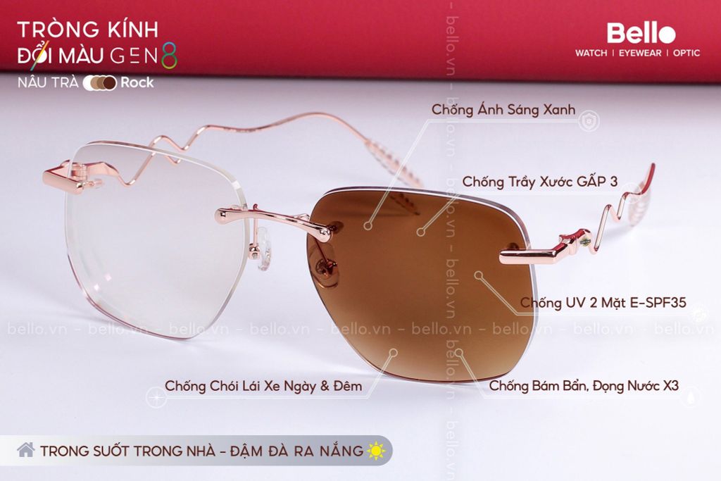  Tròng Kính Đổi Màu Chống Vỡ Essilor Transitions Gen 8 Nâu Trà Brown 