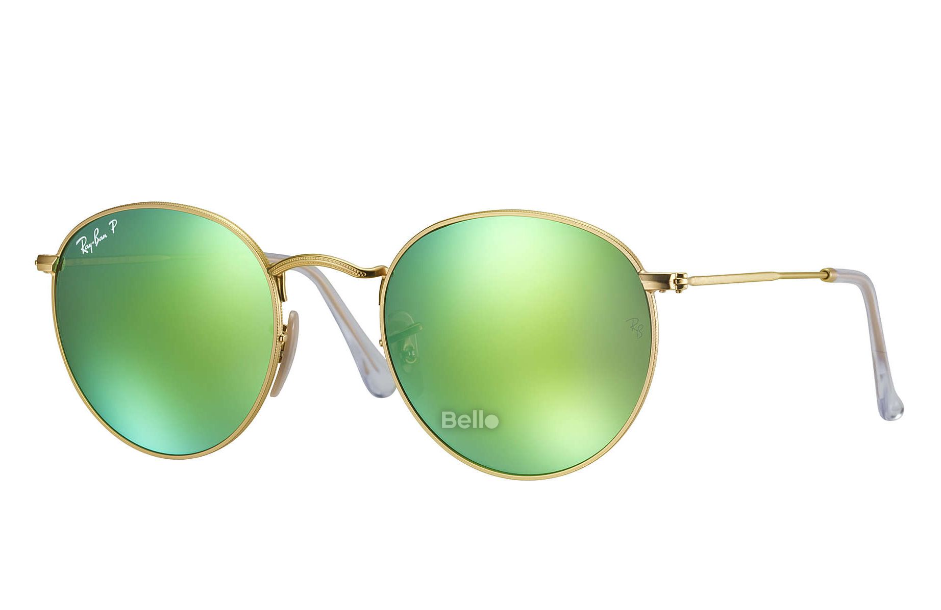 RB3447 112/P9 Kính râm Ray-Ban chính hãng Ray-Ban Round Flash Lenses Gọng vàng, mắt tráng gương xanh lá polarized