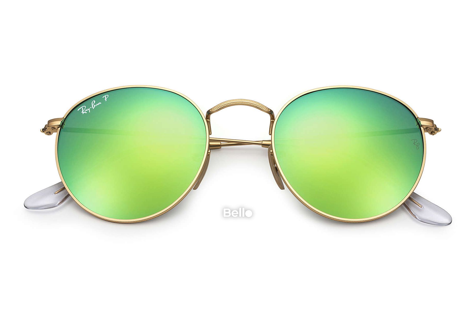 RB3447 112/P9 Kính râm Ray-Ban chính hãng Ray-Ban Round Flash Lenses Gọng vàng, mắt tráng gương xanh lá polarized