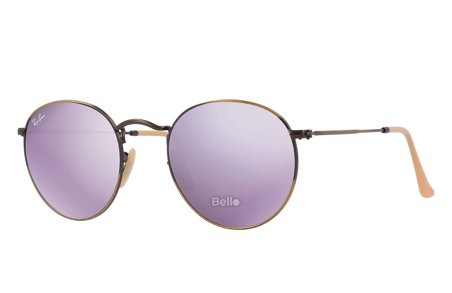 RB3447 167/4K Kính râm Ray-Ban chính hãng Ray-Ban Round Flash Lenses Gọng vàng, mắt tráng gương tím