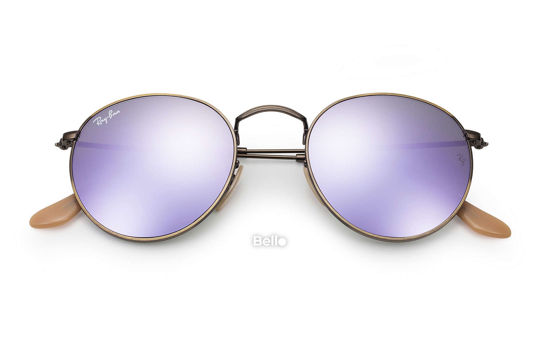 RB3447 167/4K Kính râm Ray-Ban chính hãng Ray-Ban Round Flash Lenses Gọng vàng, mắt tráng gương tím