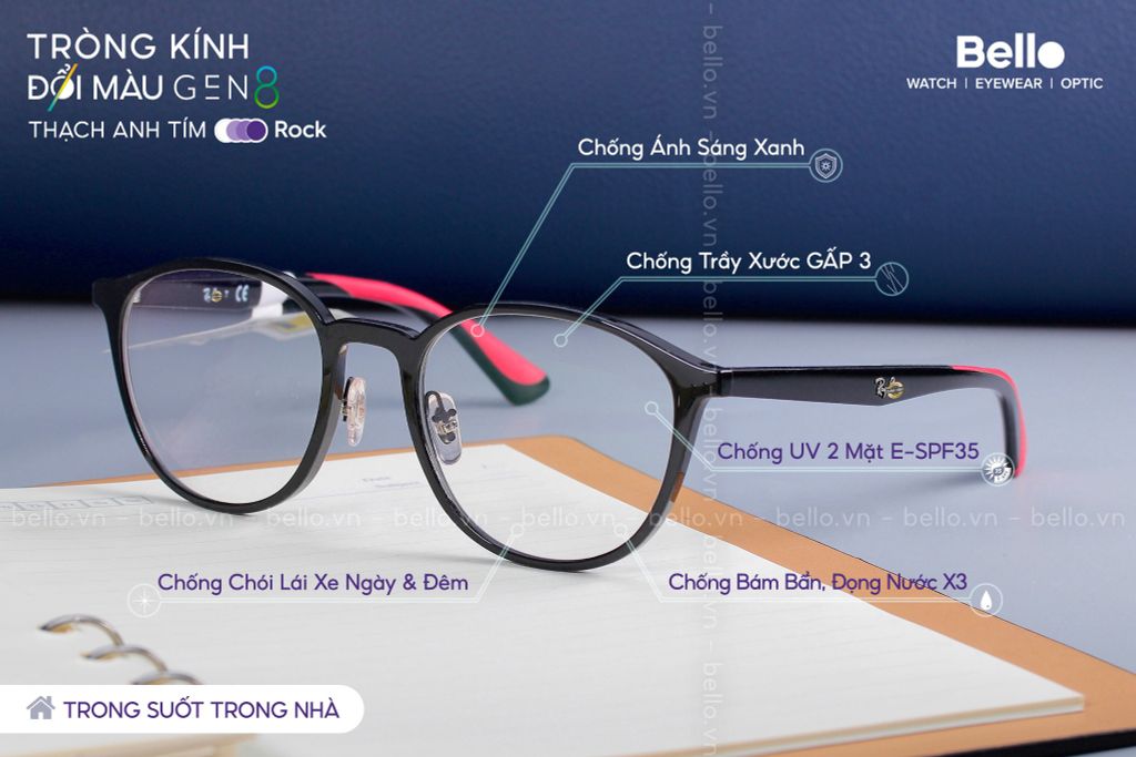  Tròng Kính Đổi Màu Essilor Transitions Gen 8 Thạch Anh Tím Amethyst Purple 