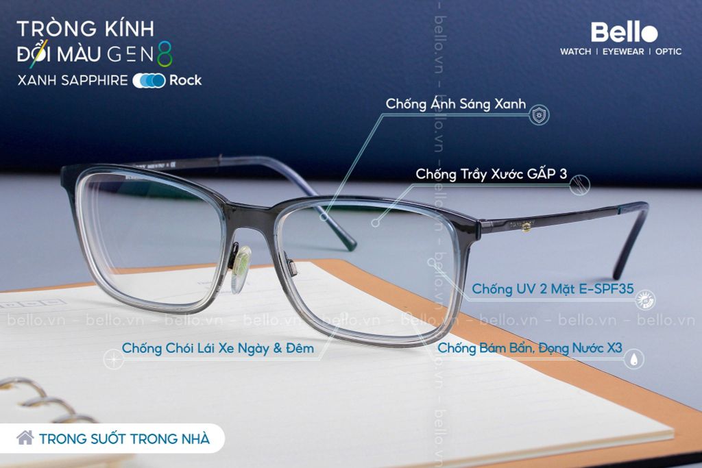  Tròng Kính Đổi Màu Essilor Transitions Gen 8 Xanh Biển Sapphire Blue 