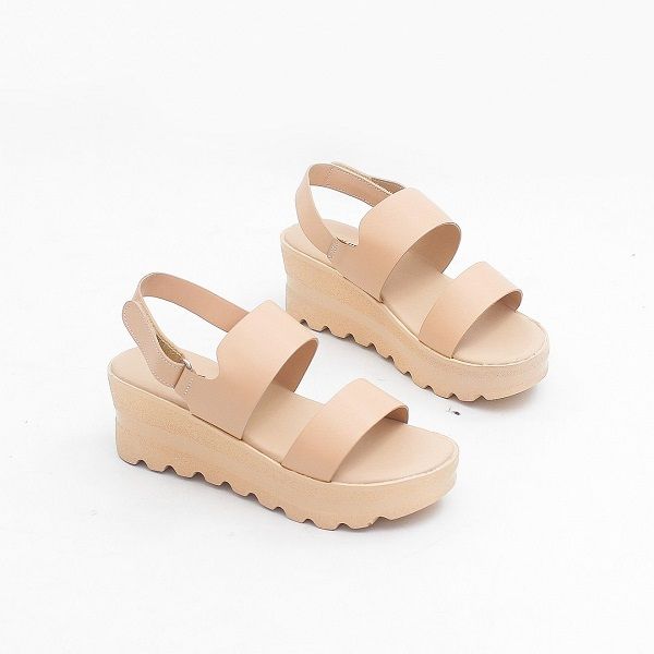 Giày Sandal Đế Xuồng 5cm Siêu Nhẹ Quai Ngang Màu Kem Pixie X425