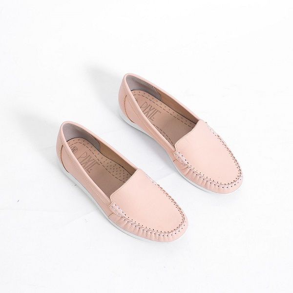 Giày Mọi Moccasin Da Bò Thật Đế Cao Su Màu Kem Pixie X482 (Store 5703)
