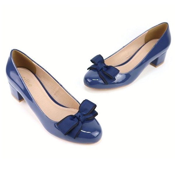Giày Cao Gót Mũi Tròn Phối Nơ Da Bóng Cao 4cm Cillie Màu Xanh 1200 (Store 5703)