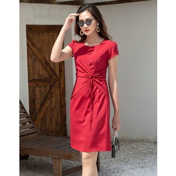 Đầm A Tay Ngắn Rút Eo Adela Màu Đỏ (Store 5704)