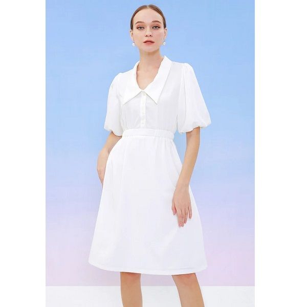 Đầm Midi Cổ Sơmi Nhấn Tay Marc Màu Trắng (Store 5703)