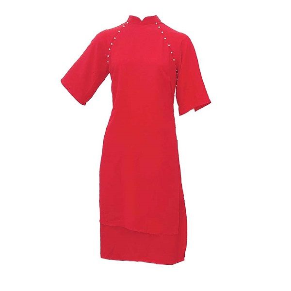 Áo Dài Lụa 2 Lớp Đính Trai Màu Đỏ (Store 1001)