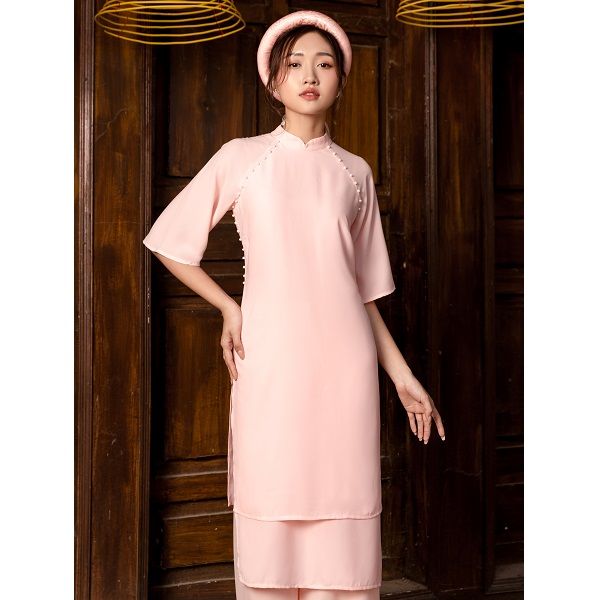 Áo Dài Lụa 2 Lớp Đính Trai Màu Hồng (Store 1001)