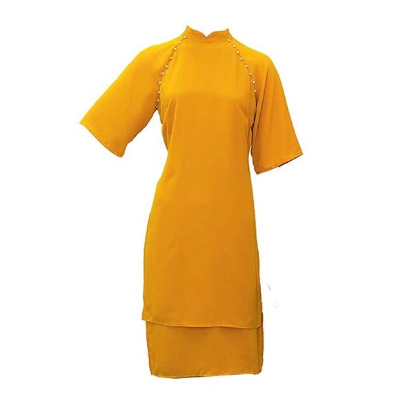 Áo Dài Lụa 2 Lớp Đính Trai Màu Vàng (Store 1001)