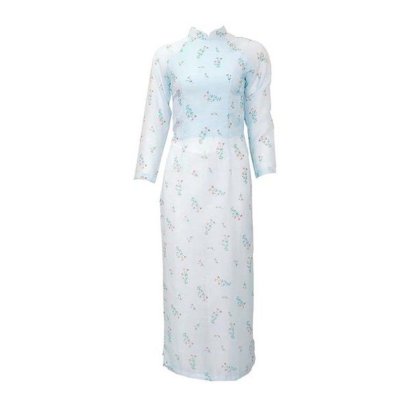 Áo Dài Tơ Hoa Cổ Tàu Màu Xanh (Store 1001)