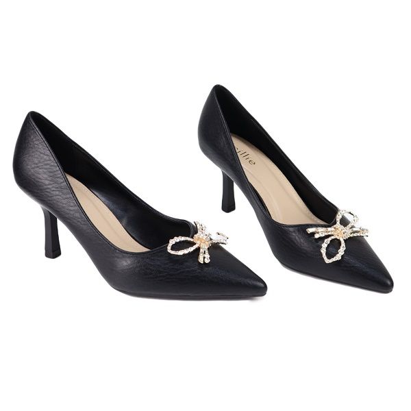 Giày Mũi Nhọn Nơ Đính Đá 7cm Cillie Màu Đen 1134 (Store 5703)