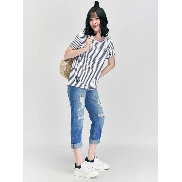 Áo Thun Nữ Sọc Nhỏ Trơn Couple TX Màu Trắng 4061 (Store 5703)
