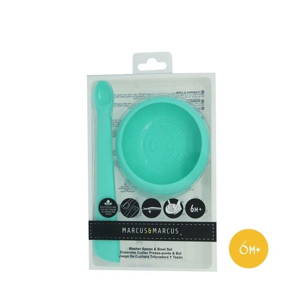 Bộ Bát Thìa Nghiền Thức Ăn Silicon Marcus 6m+ Xanh Dương