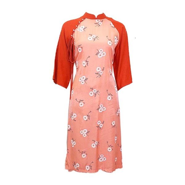 Áo Dài Hồng Hoa Trắng Phối Tay Đỏ Cam Trơn (Store 1001)