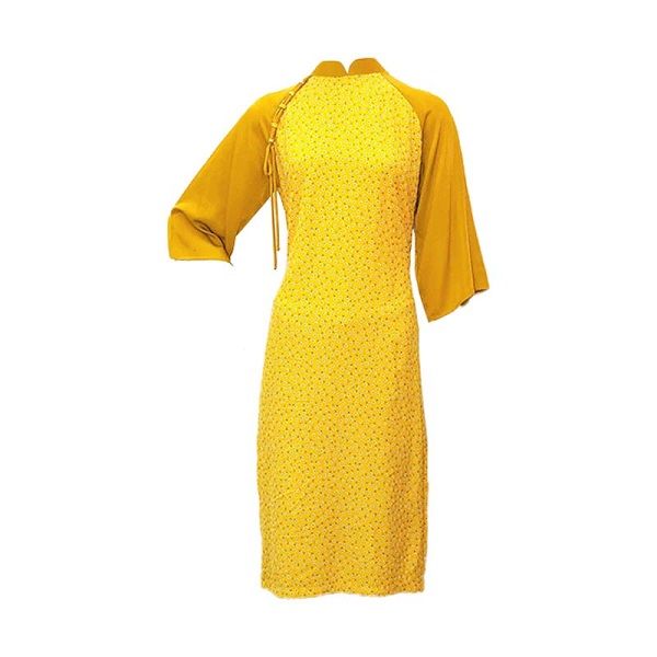 Áo Dài Vàng Hoa Trắng Nhí Phối Tay Vàng Cam Trơn (Store 1001)