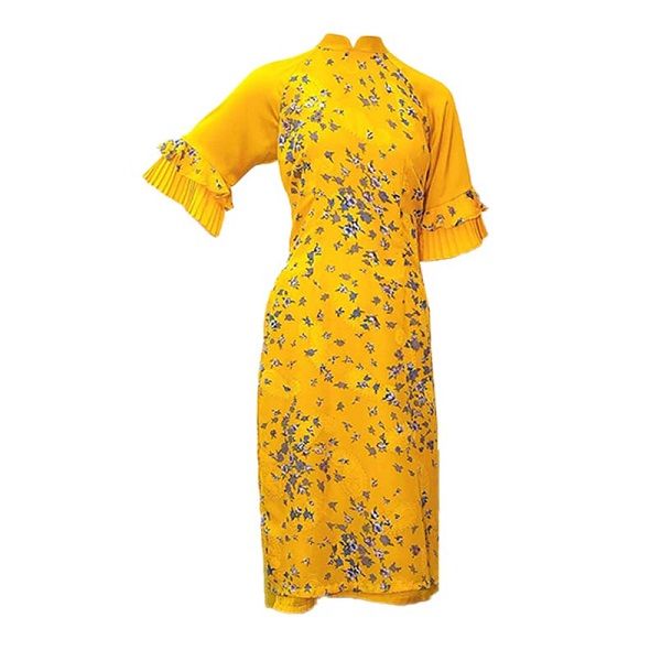Áo Dài Hoa Voan 2 Lớp Tay Loe Màu Vàng (Store 1001)