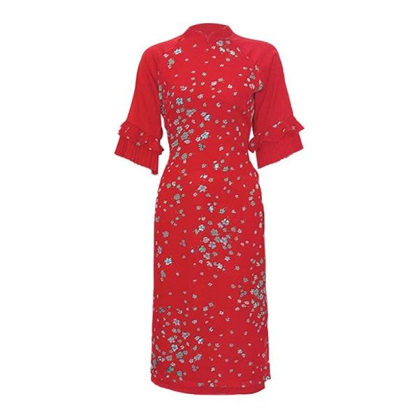 Áo Dài Hoa Voan 2 Lớp Tay Loe Màu Đỏ (Store 1001)