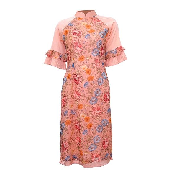 Áo Dài Hoa Voan 2 Lớp Tay Loe Màu Hồng Cam (Store 1001)