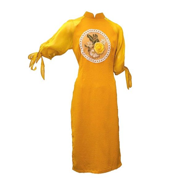 Áo Dài Hoa Ngực Phối Tay Ánh Kim Nơ Màu Vàng (Store 1001)