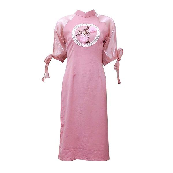 Áo Dài Hoa Ngực Phối Tay Ánh Kim Nơ Màu Hồng (Store 1001)