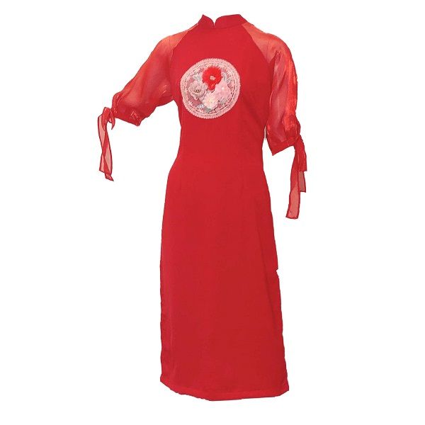 Áo Dài Hoa Ngực Phối Tay Ánh Kim Nơ Màu Đỏ (Store 1001)