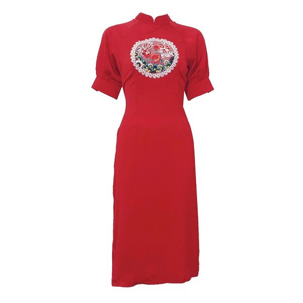 Áo Dài Hoa Ngực Tay Nhún Màu Đỏ (Store 1001)