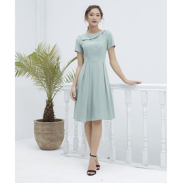 Đầm Xòe Nhún Vai Tùng Xếp Ly Adela Màu Xanh DX01 (Store 5704)