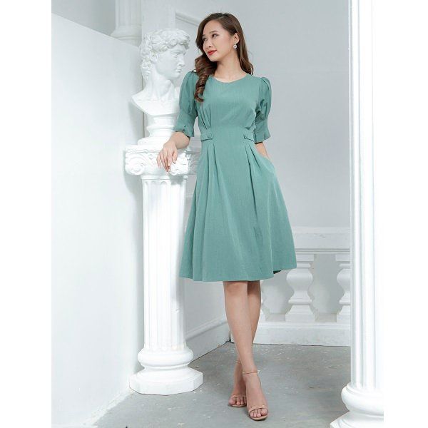 Đầm Xòe Tay Lỡ Đai Eo Adela Màu Xanh DX01 (Store 5704)