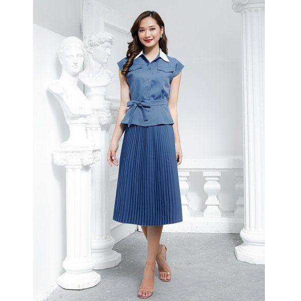 Set Áo Cổ Bẻ + Chân Váy Xếp Ly Adela Màu Xanh SET01 (Store 5704)