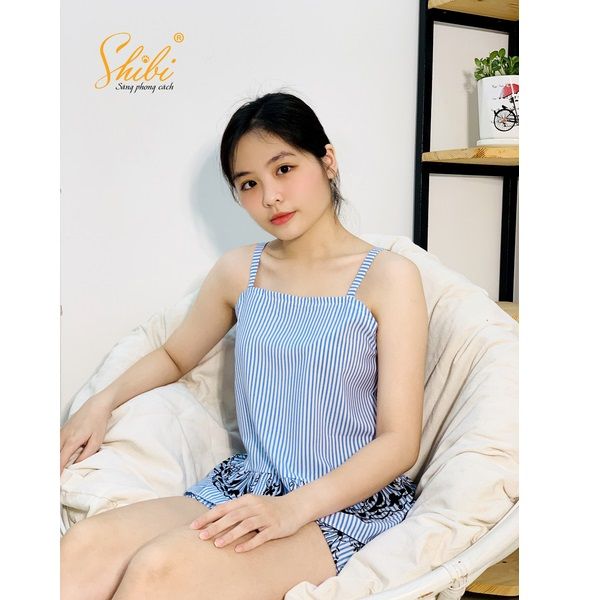Bộ Mặc Nhà Hai Dây Màu Sọc Xanh Shibi SBB004AE
