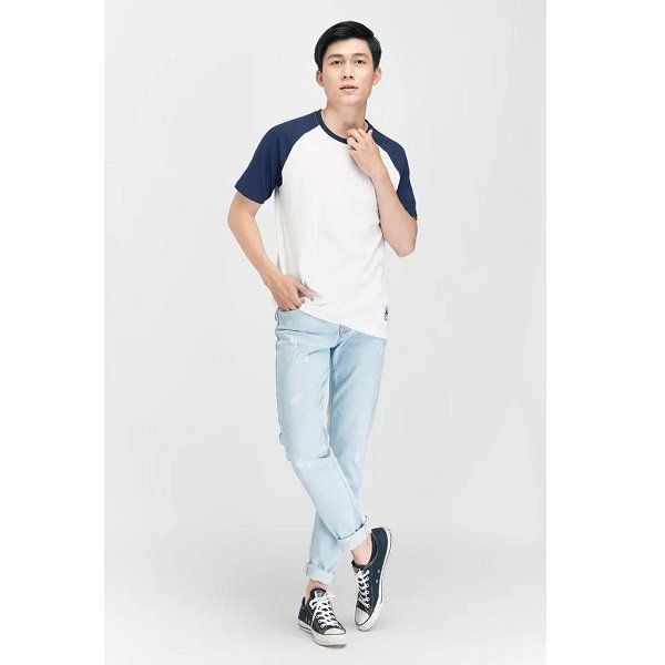 Áo Thun Nam Tay Phối Màu Trắng Xanh Couple TX 3062