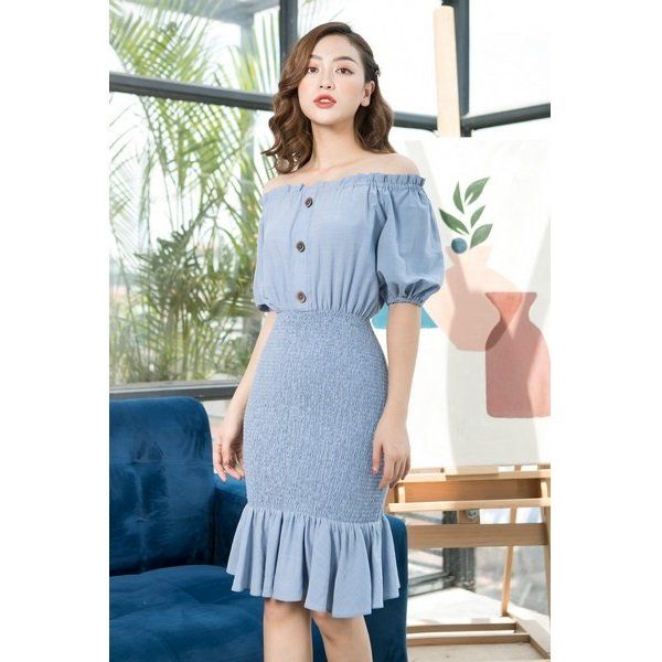 Đầm Thân Dưới Chun Charmilles Màu Xanh