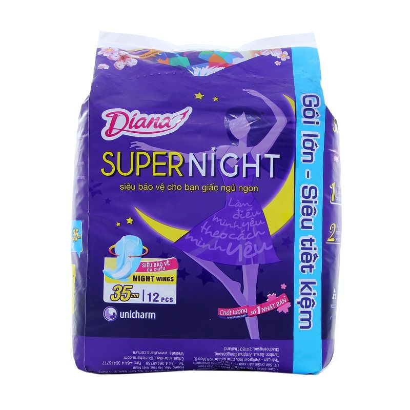 Băng Vệ Sinh Diana Super Night Có Cánh 35cm - Gói 12 Miếng